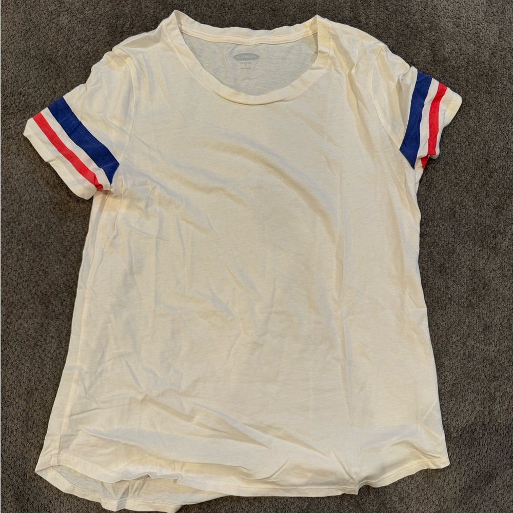 Old Navy white tee with blue and red stripes